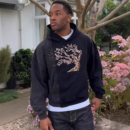 Men’s Trendy Cherry Blossom-Embroidered Hooded Sweatshirt