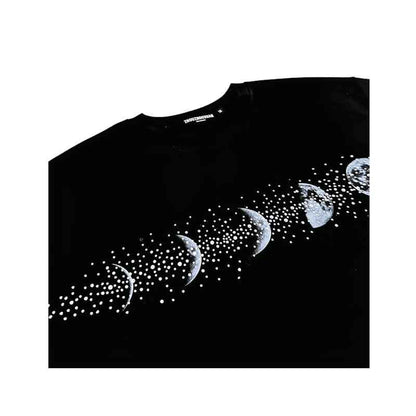 Trendy Moon-Print Short-Sleeve Top with Heat-Applied Rhinestones