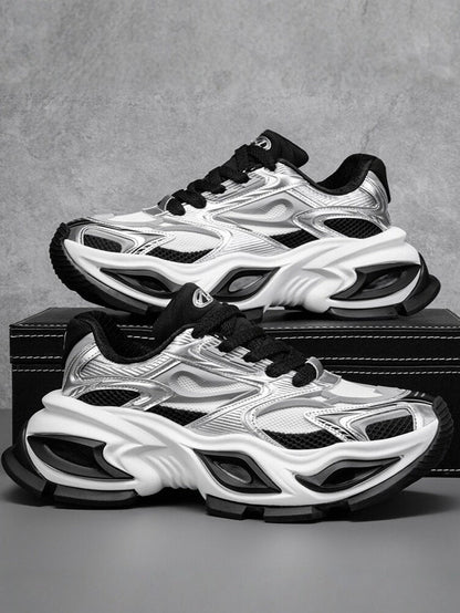 Men’s Mesh Trendy Thick-Sole Shoes with Silver Stream Accents