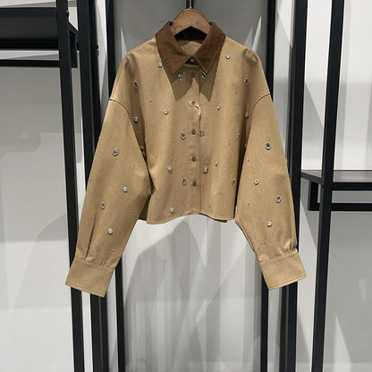 French-Style Diamond-Embellished Corduroy-Collar Low-Maintenance Cropped Jacket