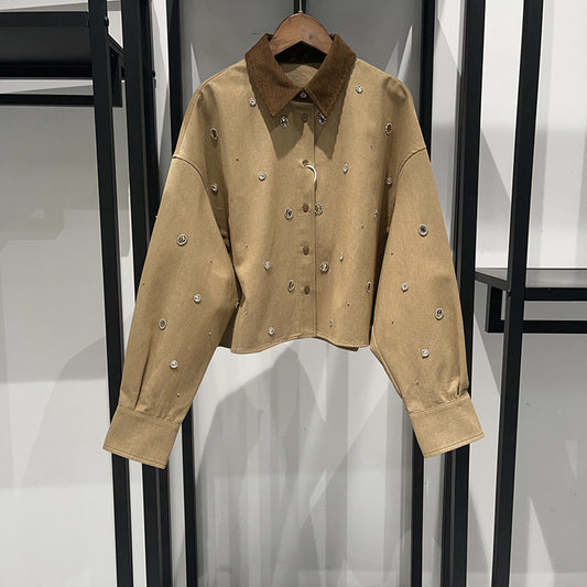 French-Style Diamond-Embellished Corduroy-Collar Low-Maintenance Cropped Jacket