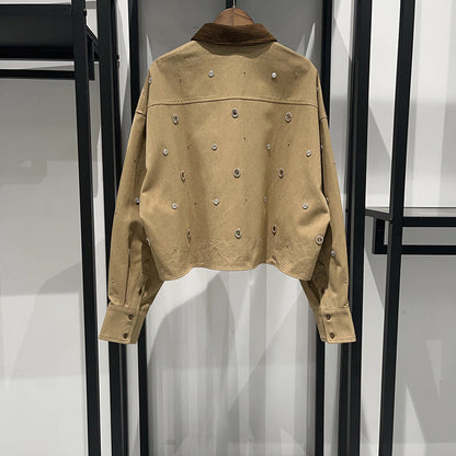 French-Style Diamond-Embellished Corduroy-Collar Low-Maintenance Cropped Jacket