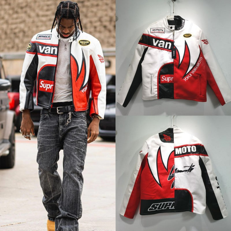 Men’s Embroidered Racing-Inspired Leather Jacket