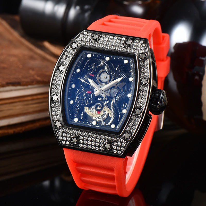 Men’s Dragon Pattern Barrel-Shaped Skeleton Waterproof Luminous Watch