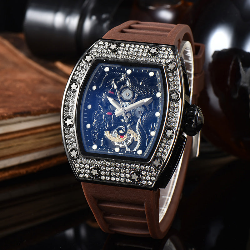 Men’s Dragon Pattern Barrel-Shaped Skeleton Waterproof Luminous Watch