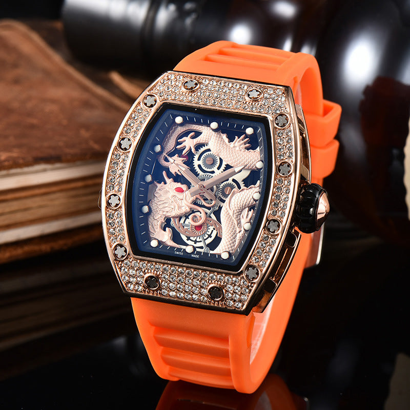 Men’s Dragon Pattern Barrel-Shaped Skeleton Waterproof Luminous Watch