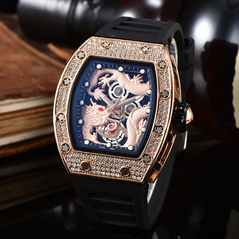 Men’s Dragon Pattern Barrel-Shaped Skeleton Waterproof Luminous Watch