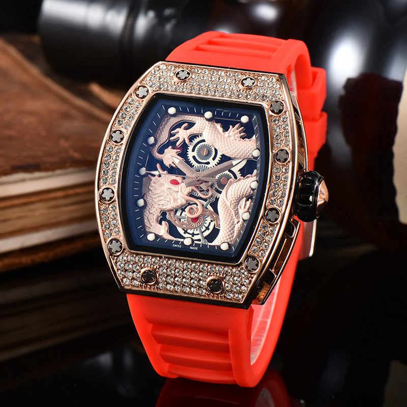 Men’s Dragon Pattern Barrel-Shaped Skeleton Waterproof Luminous Watch