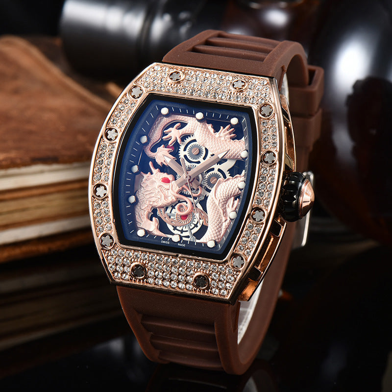 Men’s Dragon Pattern Barrel-Shaped Skeleton Waterproof Luminous Watch