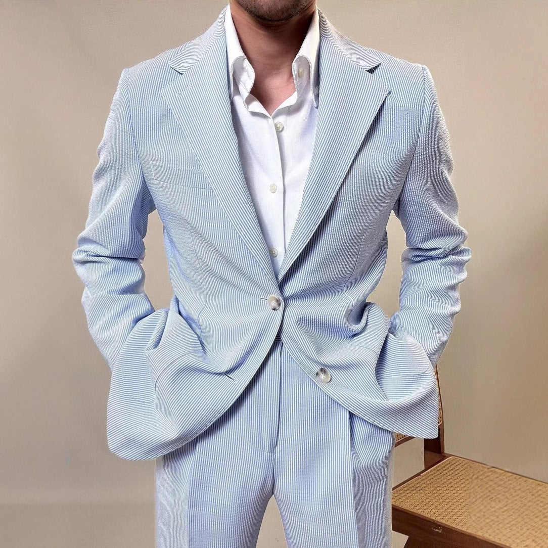 Men’s Fresh Blue British-Style Striped Draped Suit Set