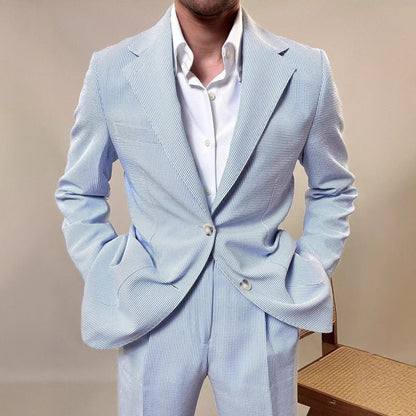 Men’s Fresh Blue British-Style Striped Draped Suit Set
