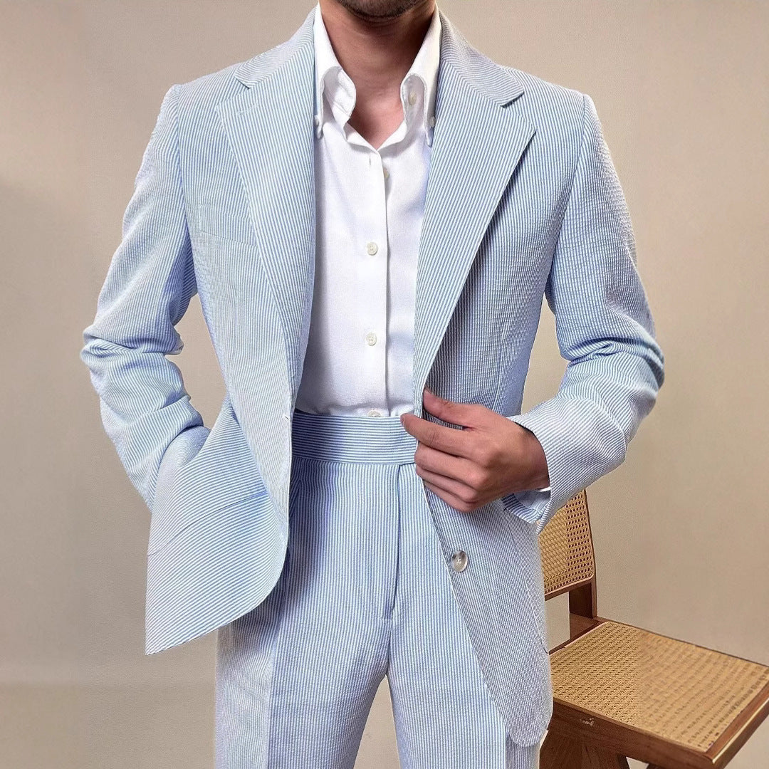 Men’s Fresh Blue British-Style Striped Draped Suit Set
