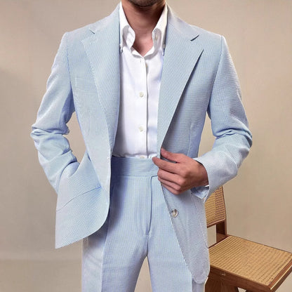 Men’s Fresh Blue British-Style Striped Draped Suit Set