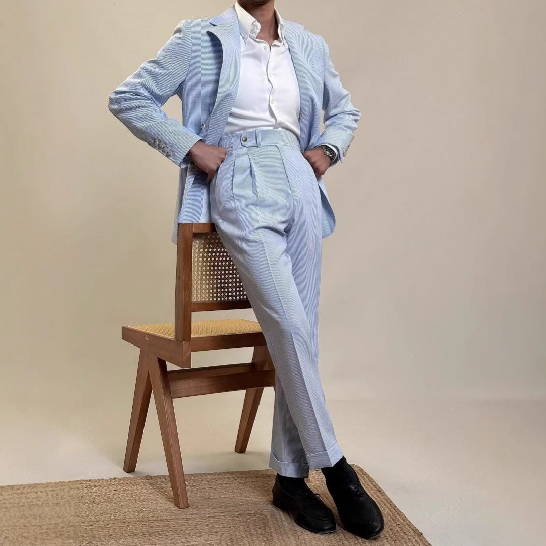 Men’s Fresh Blue British-Style Striped Draped Suit Set