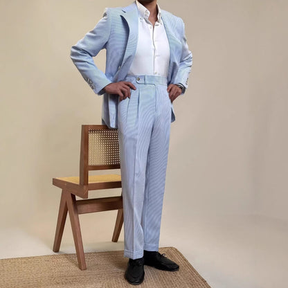Men’s Fresh Blue British-Style Striped Draped Suit Set