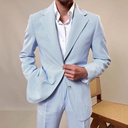 Men’s Fresh Blue British-Style Striped Draped Suit Set