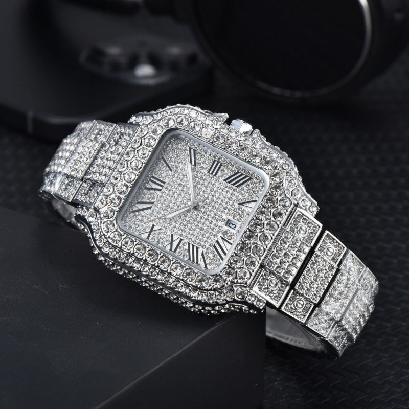 Men’s Full-Diamond Stainless Steel Band Quartz Watch