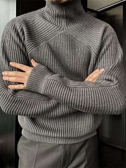 Men’s High-Neck Slightly Wide-Fit Woolen Knit Sweater