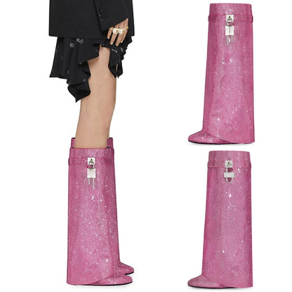 Women’s Pointed-Toe Wedge Knee-High Boots with Rhinestone Buckles