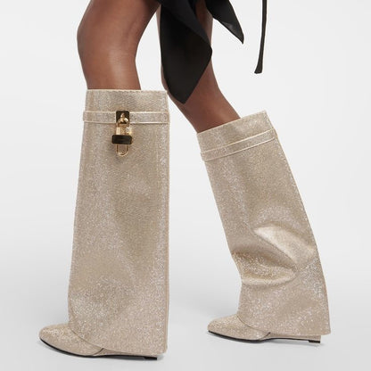 Women’s Pointed-Toe Wedge Knee-High Boots with Rhinestone Buckles