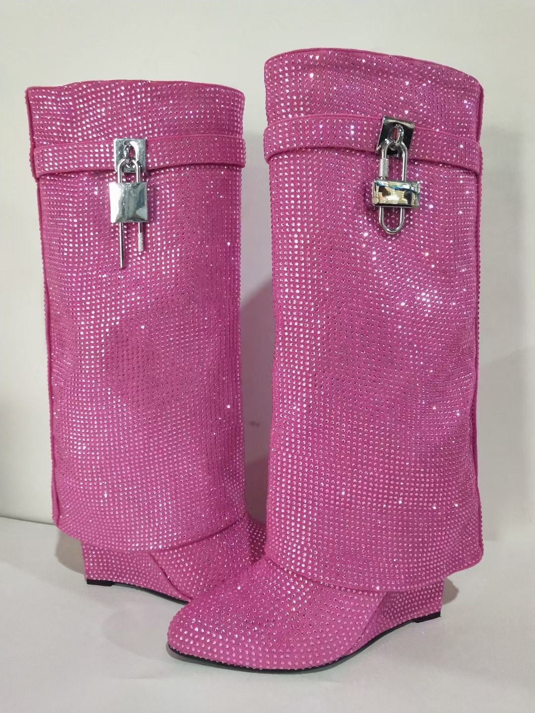Women’s Pointed-Toe Wedge Knee-High Boots with Rhinestone Buckles