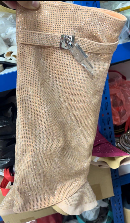 Women’s Pointed-Toe Wedge Knee-High Boots with Rhinestone Buckles