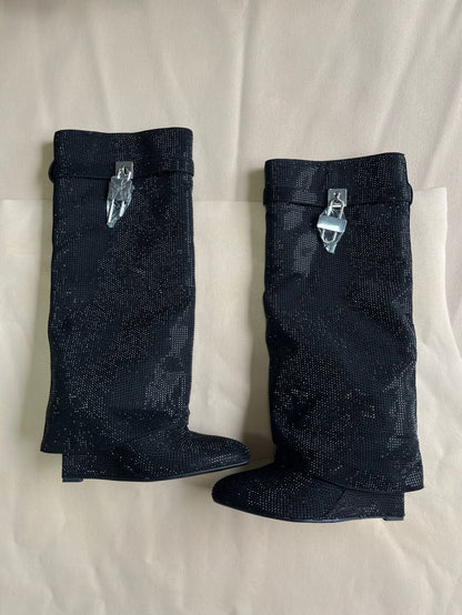 Women’s Pointed-Toe Wedge Knee-High Boots with Rhinestone Buckles