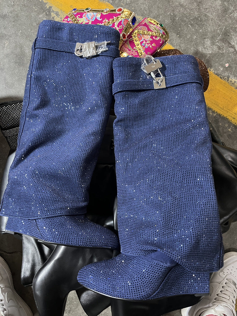 Women’s Pointed-Toe Wedge Knee-High Boots with Rhinestone Buckles