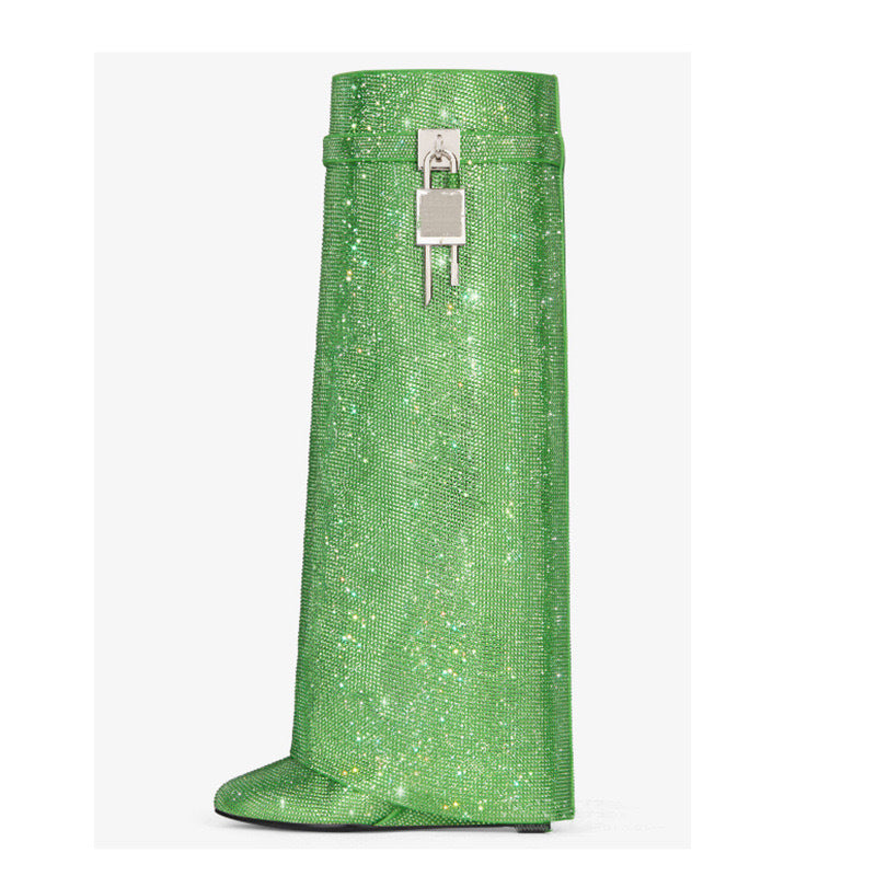 Women’s Pointed-Toe Wedge Knee-High Boots with Rhinestone Buckles