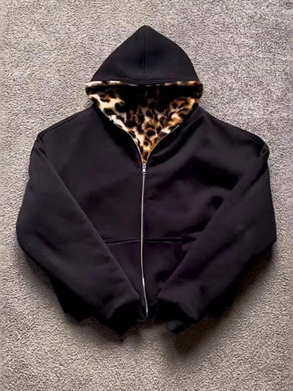 Retro Leopard Print Hooded Zip-Up Reversible Sweatshirt Jacket