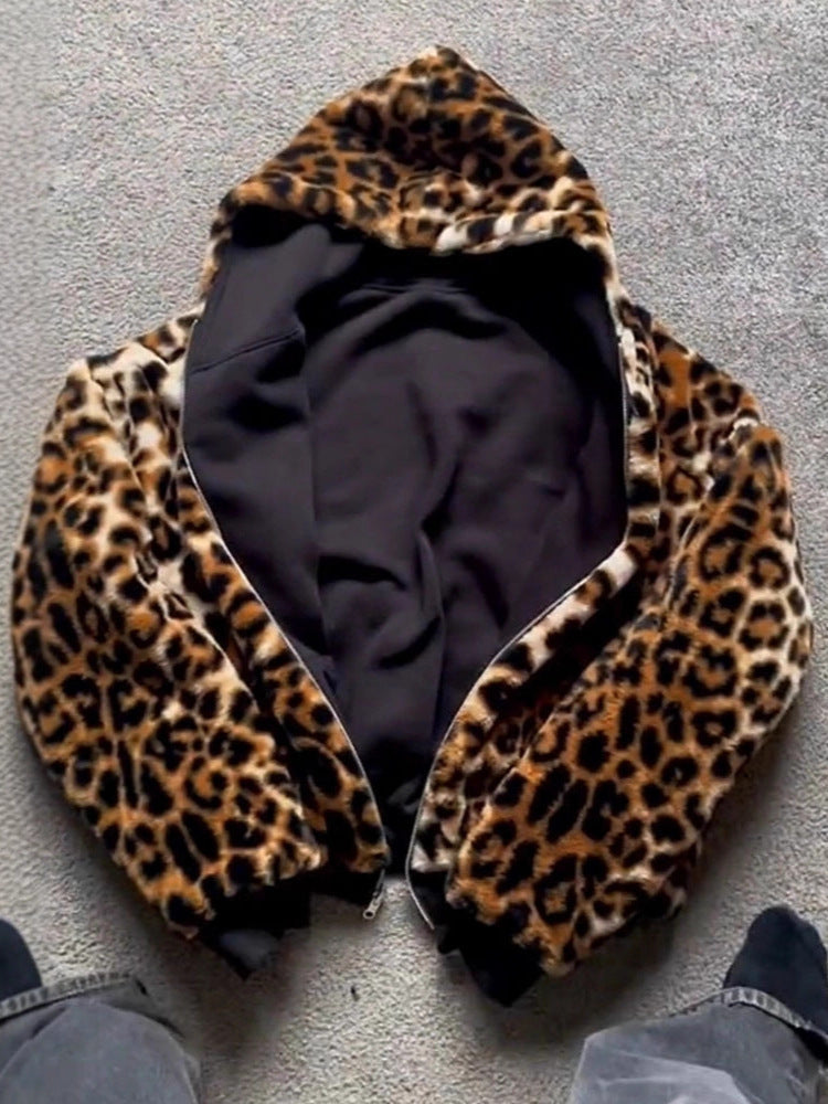 Retro Leopard Print Hooded Zip-Up Reversible Sweatshirt Jacket