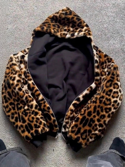 Retro Leopard Print Hooded Zip-Up Reversible Sweatshirt Jacket