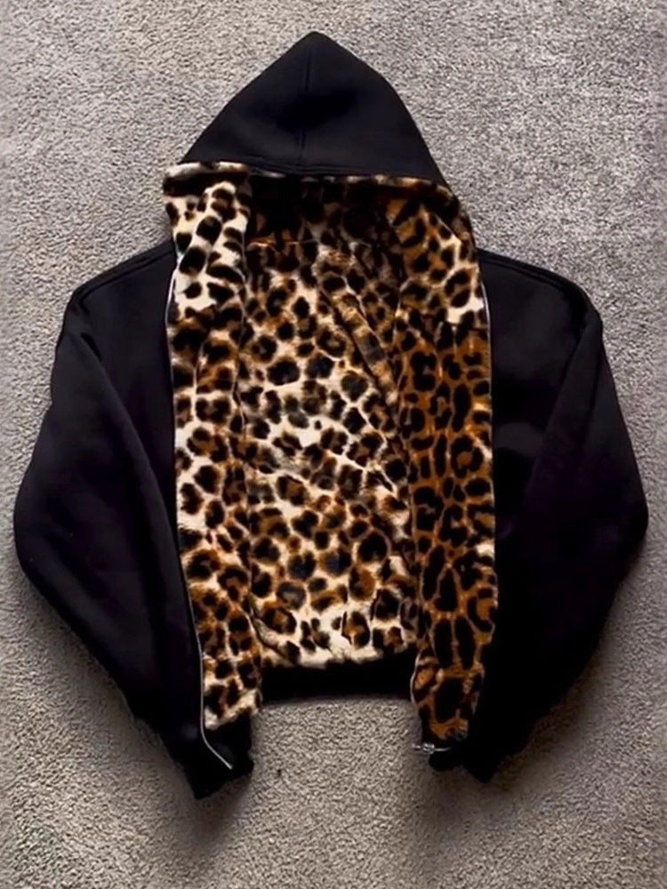 Retro Leopard Print Hooded Zip-Up Reversible Sweatshirt Jacket
