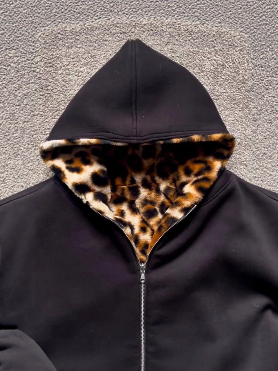 Retro Leopard Print Hooded Zip-Up Reversible Sweatshirt Jacket