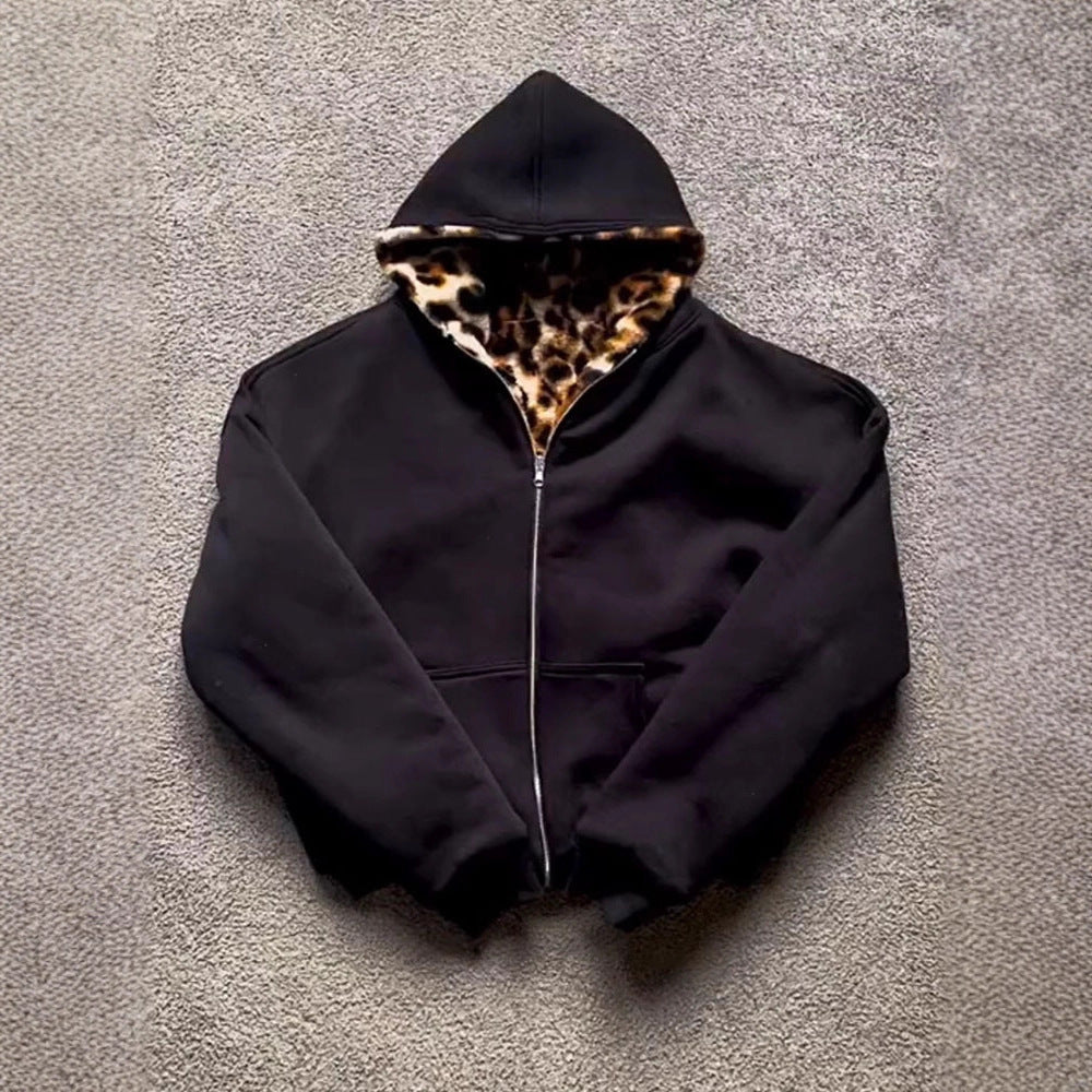 Retro Leopard Print Hooded Zip-Up Reversible Sweatshirt Jacket
