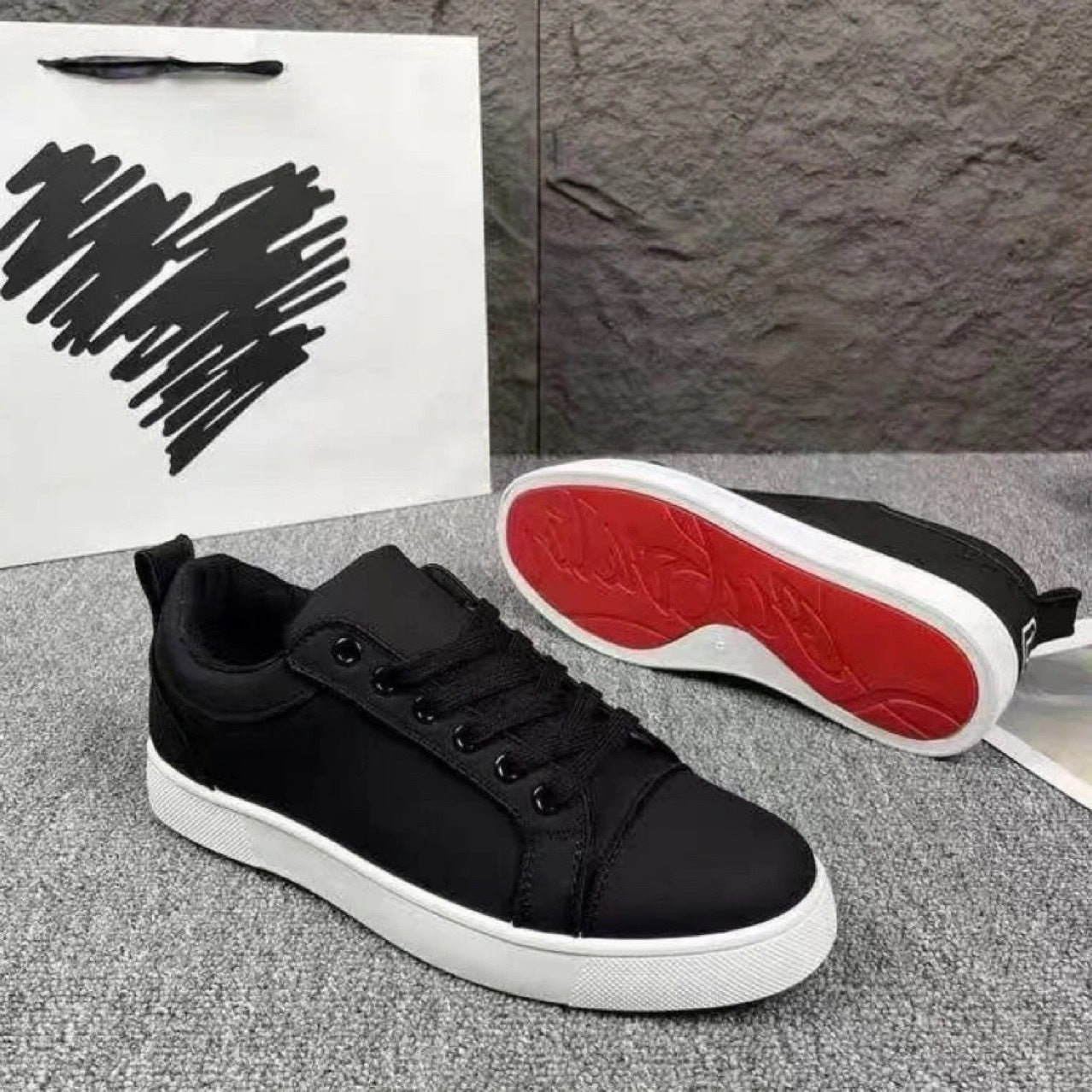 Men’s Leather Upper CL Logo Red-Sole Black Sneakers