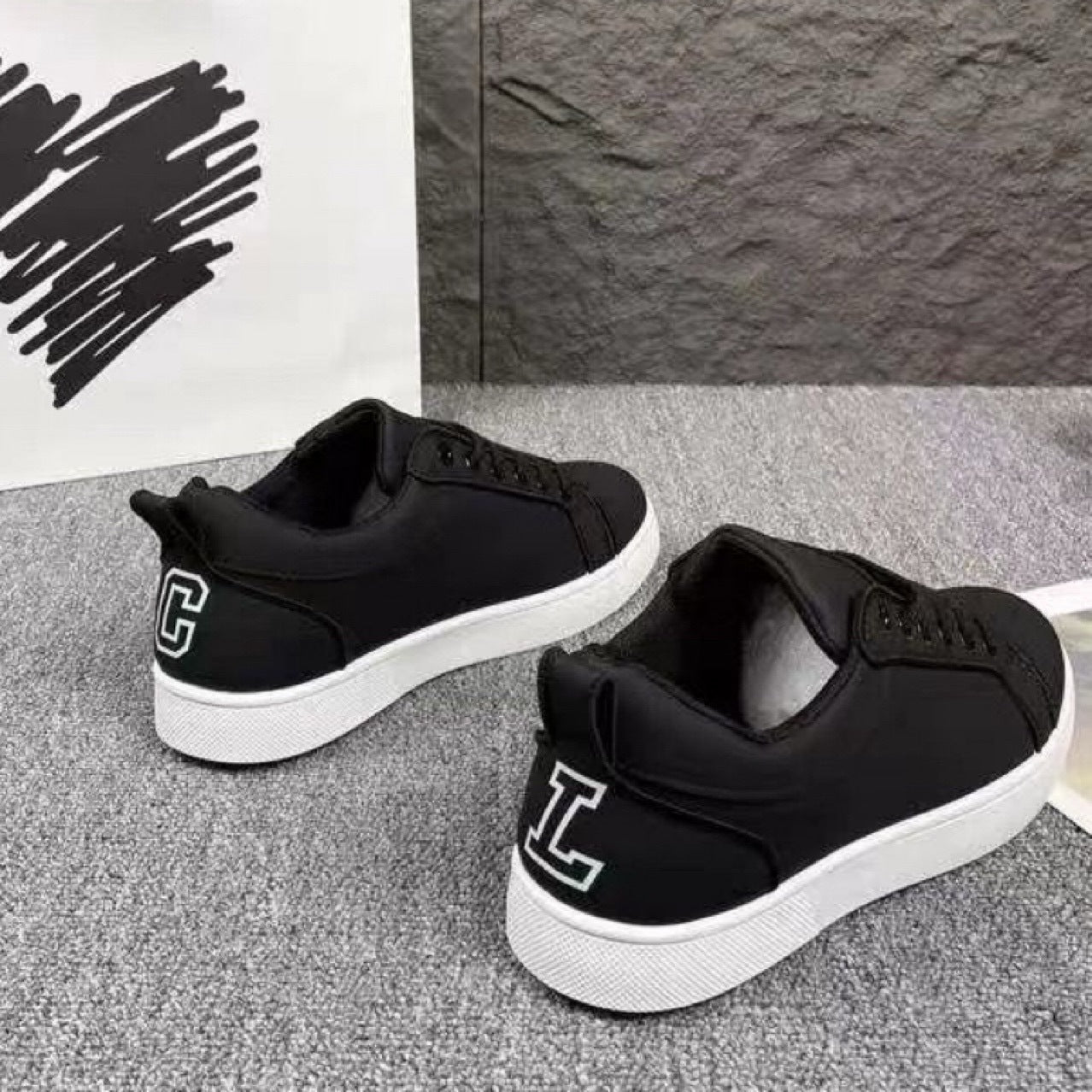 Men’s Leather Upper CL Logo Red-Sole Black Sneakers