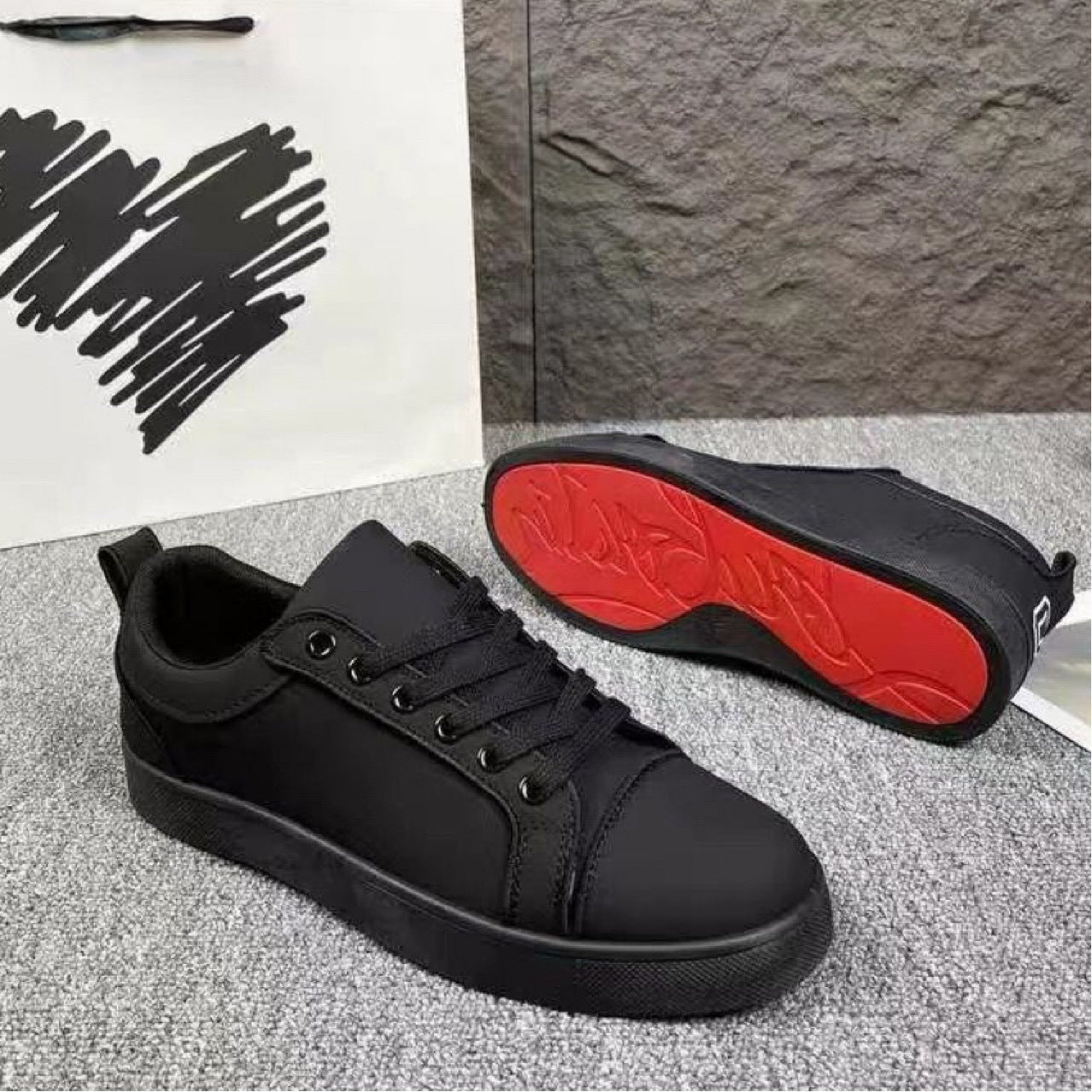 Men’s Leather Upper CL Logo Red-Sole Black Sneakers