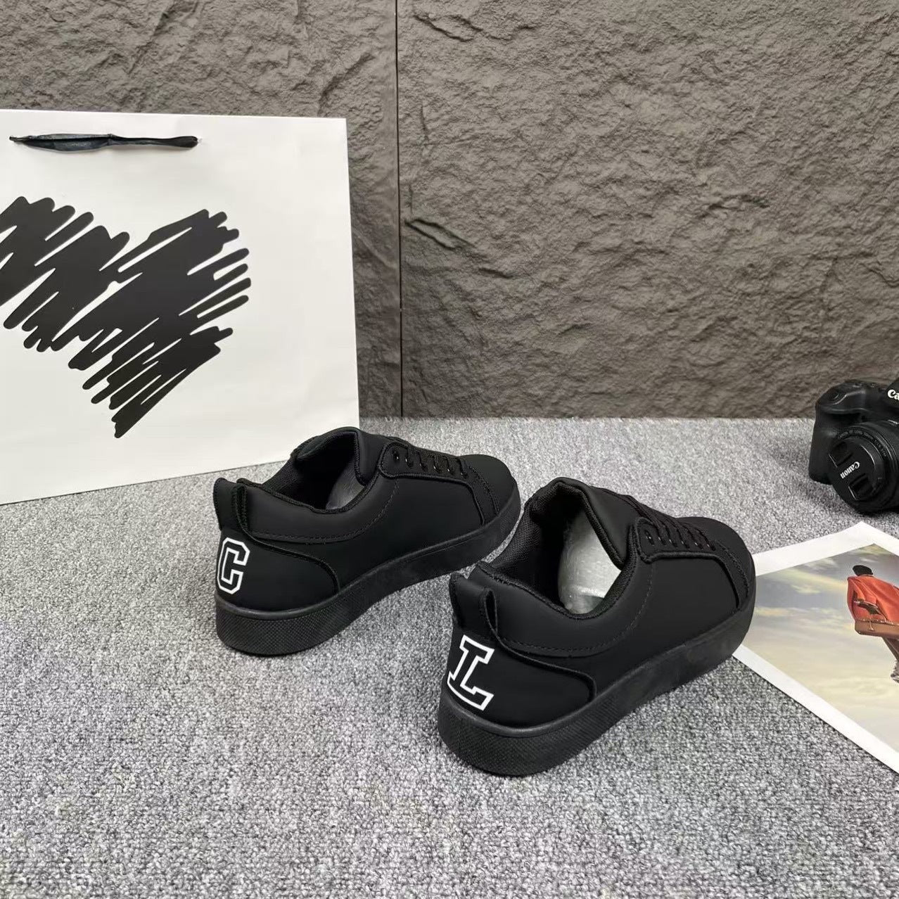 Men’s Leather Upper CL Logo Red-Sole Black Sneakers