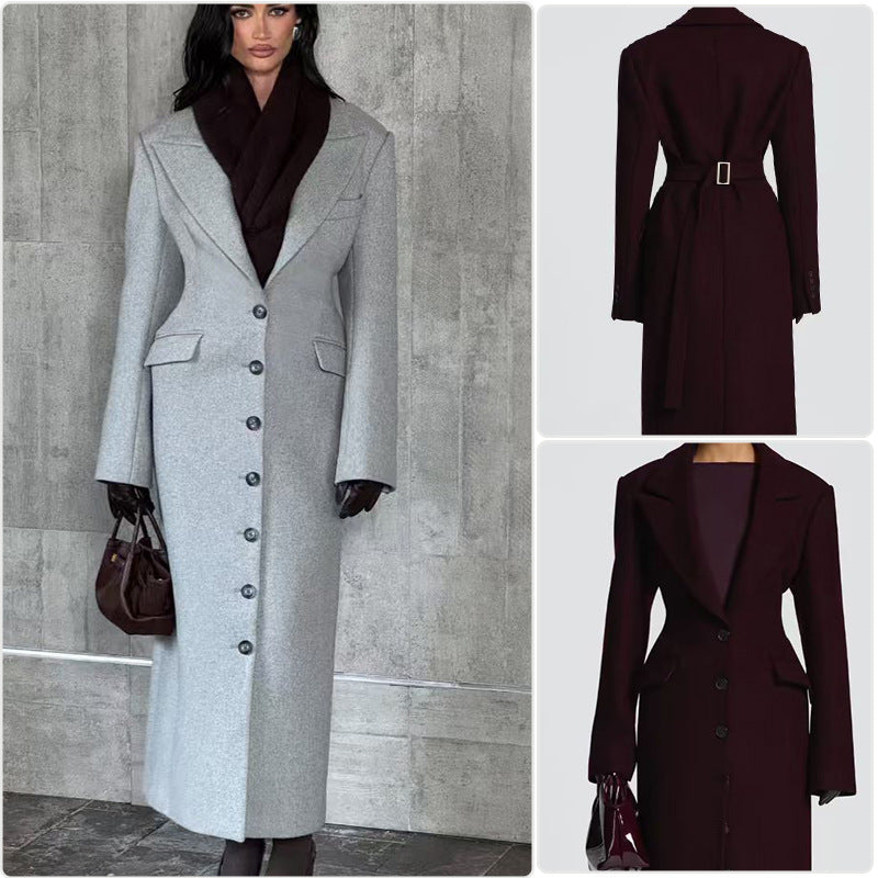 Elegant Single-Breasted Wide-Collar Wool Coat