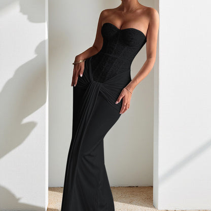 Waist-Cinched Sash-Accented Tube Top Elegant Dress