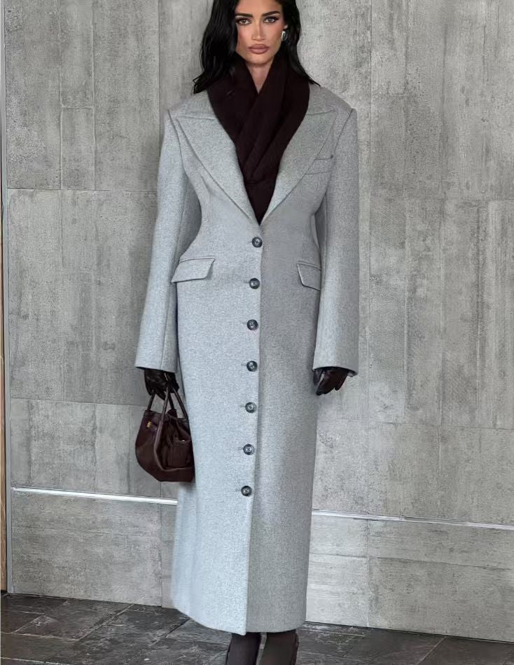 Elegant Single-Breasted Wide-Collar Wool Coat