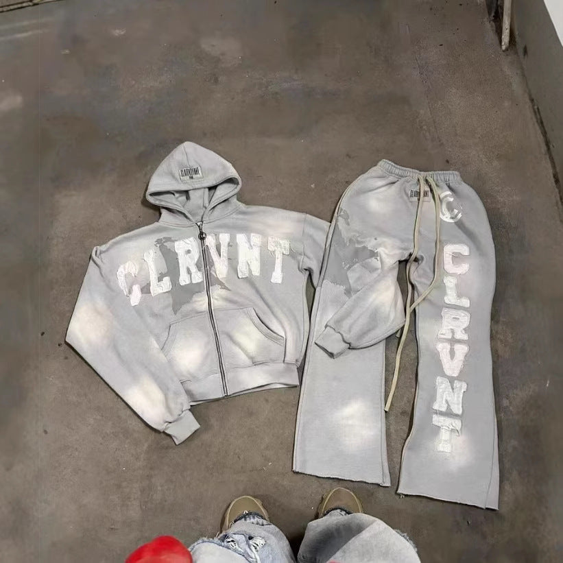 Retro Washed Long-Sleeve Hooded Sweatshirt Set with Sweatpants