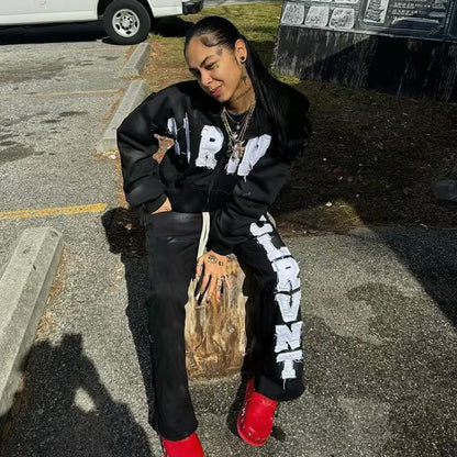 Retro Washed Long-Sleeve Hooded Sweatshirt Set with Sweatpants