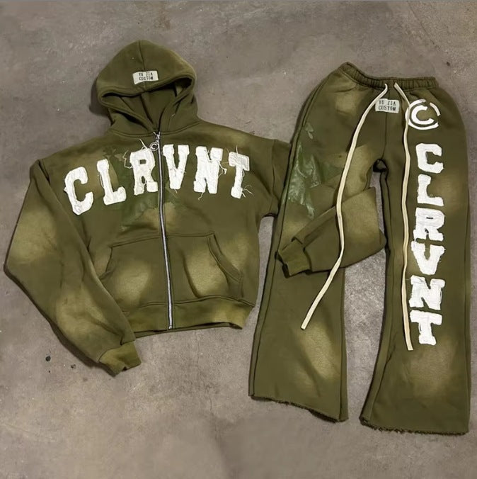 Retro Washed Long-Sleeve Hooded Sweatshirt Set with Sweatpants