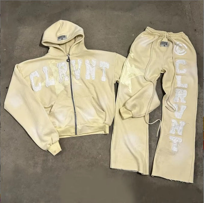 Retro Washed Long-Sleeve Hooded Sweatshirt Set with Sweatpants