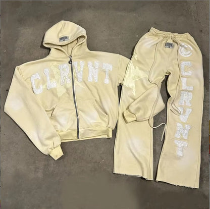 Retro Washed Long-Sleeve Hooded Sweatshirt Set with Sweatpants