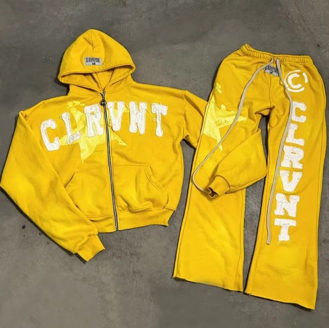 Retro Washed Long-Sleeve Hooded Sweatshirt Set with Sweatpants