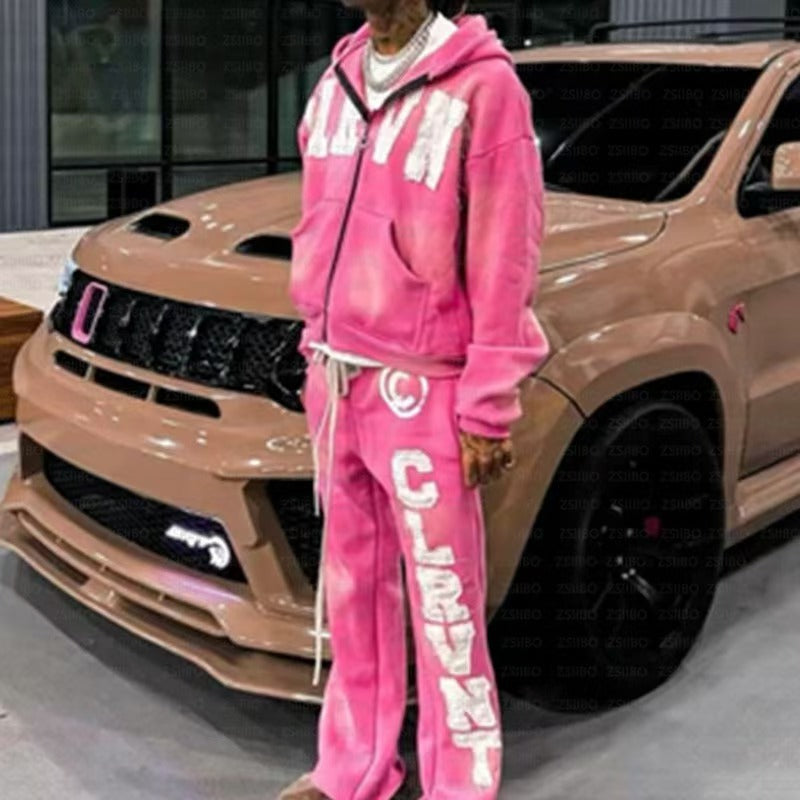 Retro Washed Long-Sleeve Hooded Sweatshirt Set with Sweatpants