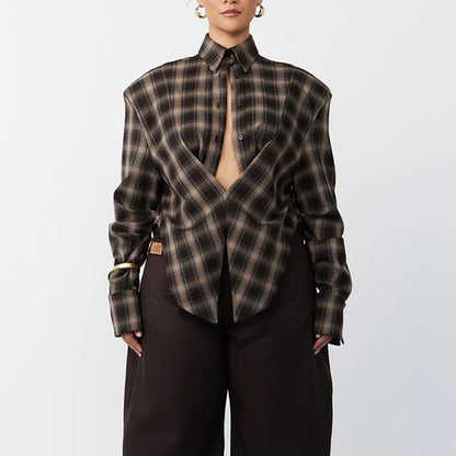 Women's Y2K Crop Top Vintage Plaid Shirt with Waist Cinch